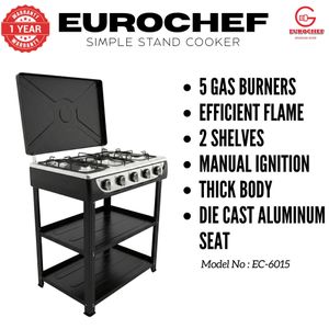 Eurochef EC-6015 Deluxe Gas Stove – 5 Gas Burners, Storage Shelves, Die Cast Aluminum Seat, Thick Body - black