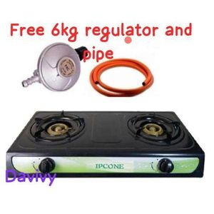 IPCONE AUTO Ignition Table Top Stainless Steel 2 Burner Gas Cooker Plus 6kg Regulator And Pipe