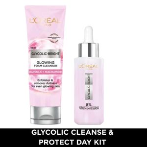 L'Oréal Paris Glycolic Cleanse & Protect Kit, Glycolic Bright Cleanser Foam 100ml, Glycolic Bright Melasy Serum 30ml