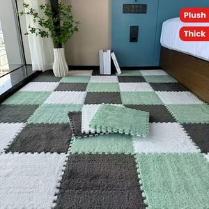 12-Piece Plush Foam Floor Mat Set – Square Interlocking Carpet Tiles (with Edging Strips), (White, Gray, Mint Green)