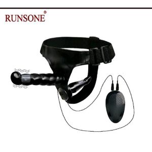 RUNSONE Black Premium Quality Strap on Vibrator Harness Dildo Anal Plug BDSM Strap on butt plug sex Toy