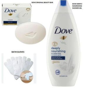 Dove Beauty Soap + Deeply Nourishing Shower Gel + Bath exfoliating Gloves Set