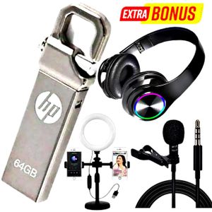 HP High speed USB 3.0 Flash Drive 64GB // B39 Wireless Bluetooth Headphone // Lapel Microphone // Adjustable Ring Light Phone Holder 