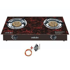VELTON  Two Burner - Glass Top + Regulator & Pipe - Black