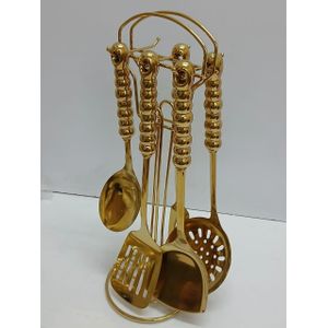 6 in 1 Gold Finished Serving Spoon Set with Stand & Ceramic Handles
