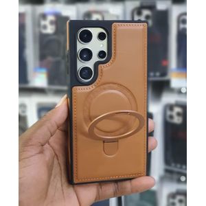 Samsung Galaxy S25 Plus Premium Faux Leather Magnetic Ring Kickstand Case Luxury Leather Texture Back Cover with Elegant Everyday Style