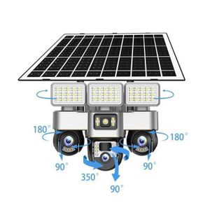 All weatherproof Solar 12MP 4G PTZ Rotating Triple Lens Two In One V380 Pro 12MP 4G Sim card PTZ Rotating Three Triple Lens screens Outdoor Security Solar CCTV Camera with High Brightness Led Solar Flood Light