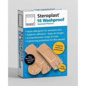 Steroplast Washproof Assorted Plasters – 3 Assorted Sizes – Box of 16 – Hypoallergenic Acrylic Adhesive