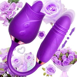 2 in 1 Rose Tongue Licking Thrusting Vibrator for Women Nipple Clitor Stimulator G Spot Licking Dildo Vibrating Female Masturbator Massage Adult Sex Toy