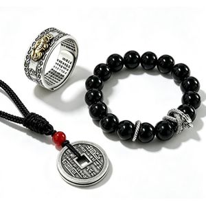 Men Retro Matching Jewellery Set, Shiny Black Stone Dragon Bead Wristband, Antique Coin Amulet Necklace, Two-Tone Pixiu Adjustable Ring, Lucky Protection Accessory Kit For Male Gift