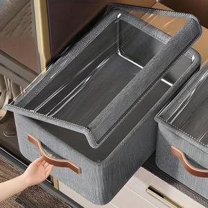 Folding Storage Box With Lid Fabric Foldable Steel Storage Cubes Organizer with Handles Frame Collapsible Clothes Organizer Box/Bin With Transparent Lid