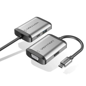 Vention  4-in-1 USB-C Hub – Type-C to 4K HDMI, VGA, USB 3.0 & 100W PD Fast Charging Adapter, 0.15M Gray Aluminum Alloy
