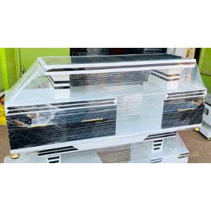 Modern TV Stand – Glossy White & Black Finish, Gold Handles, Multi Compartment Design