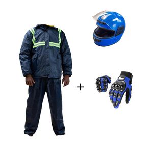 Motorcyclist 3-piece Rider Protective Set (Full Head Helmet + Waterproof Rain Suit + Full-Finger Riding Gloves)
