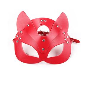 Red Leather Cat Ear Masquerade Mask with Rivet Detail