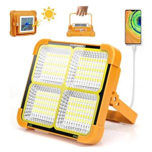 Solar-powered outdoor LED light, rechargeable and waterproof, suitable for emergency use and camping.