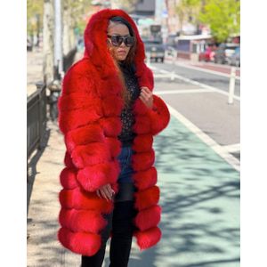 Red Gina Real Furry Fox Women Fur Poncho Hooded Full Length Winter Coat