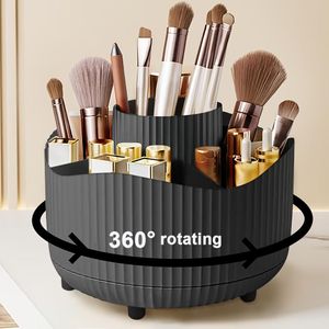 360° Rotating Makeup Brush Holder, Multi-Compartment Plastic Desk Organizer for Cosmetics, Brushes, Lipsticks, Vanity Storage