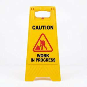 Work In Progress Sign. High-Visibility Caution - Heavy Duty Foldable A-Frame Safety Floor Stand - Yellow