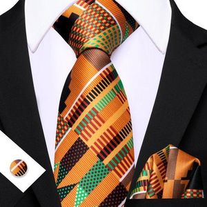 Orange green novelty necktie with cufflinks and pocket square 