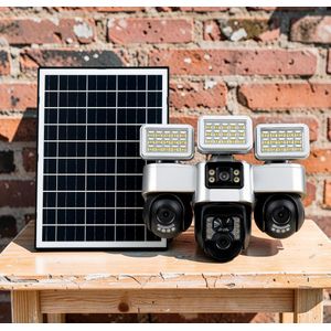 Remote Control 360 Degree Rotation Motion Tracking IP66 Waterproof 4G Triple Lens Solar Camera with Solar Flood Lights 