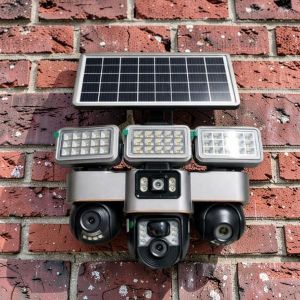 Wireless Connectivity Motion Tracking Full Color Night Vision Outdoor Security 4G Triple Lens Solar Camera with Solar Flood Lights 