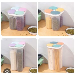 4-Partition Airtight Cereal Dispenser & Grain Storage Container 2L, Multifunctional Rotating Lid Dry Food Organizer For Kitchen Pantry