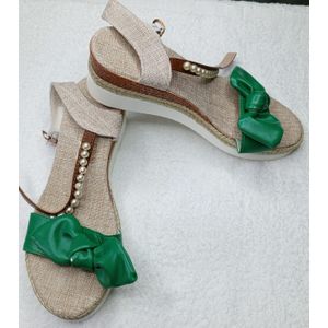 Ladies Pearl Detail Wedge Sandals – Green Bow – Jute-Style Footbed – Elegant Design