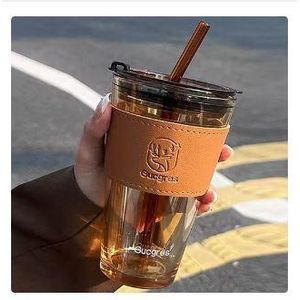 Glass Cups With Cover+Straw+Leather Sleevean Reusable Boba Bottle, Iced Coffee Glasses, Travel Tumbler For Bubble Tea