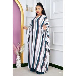 Teal Blue Cheruto African Loose Stripped Kaftan Scarf 3-piece Chiffon Long sleeve Dashiki Dress + Loose Pant Set