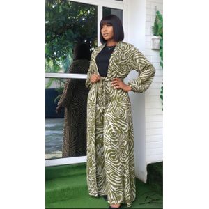 Green Jello Printed Animal Print Kimono  3pcs Set  Wide pant set, trouser & vest 