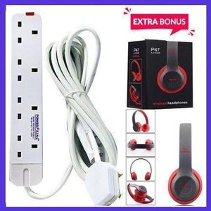 Powermax Power King Best QUALITY 4 Way Power Extension With Long Cable - White + Value Gift P47 headphones