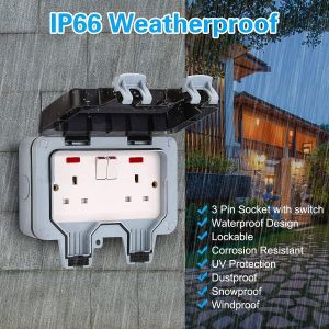 Tronic Outdoor Twin Socket Waterproof Outside Plug Sockets,IP65 Double Weatherproof Power Socket 2 Gang 13Amp Wall Electrical Outlets with Switch Indicator Light