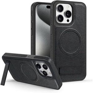 Black Magnetic Soft PU Leather Case with Wireless Charging, MagSafe Shockproof Phone Cover for iPhone 15 Pro