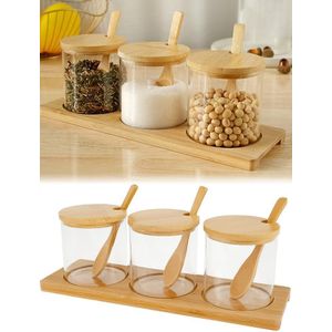 3 in 1 Condiments Container Seasoning Jars, Clear Glass Condiment Pot Set with Lids and Spoons, Tea Coffee Sugar Canisters Glass Spice Box, Refillable Seasoning Pot Bowl for Kitchen, Counter