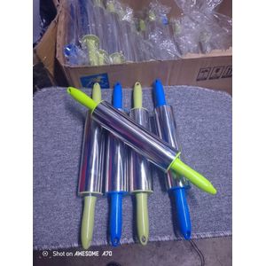 24 cm stainless steel rolling pin with handles.