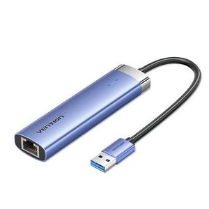 Vention 5-in-1 USB 3.0 to USB 3.0 ×3, RJ45 & USB-C Hub 0.15M, Blue, Aluminum Alloy Type – Multi-Port USB Hub with Gigabit Ethernet & Type-C Power/Data Support