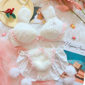 Bras Sets Soft Girl Sexy Cute Bow Plush Ear Push Up Underwire Bra