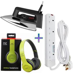 Power King Best 4 Way Power Extension With Long Cable // Power Extension - White +P47 Headphones+ iron box