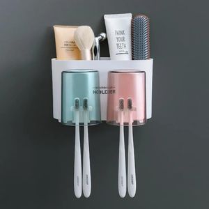 Wall Mounted Multifunctional toothbrush 2 cups holder and toothpaste dispenser 
