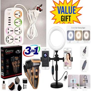 6 WAY POWER EXTENSION BOARD, WITH 3 USB PORTS, SURGE PROTECTED SOCKET, STRONG POWER CABLE, FOR SMART TV, HOME THEATRE, FRIDGE GUARD, AND ENTERTAINMENT SETUP. + ELECTRIC 3 IN 1  SHAVING MACHINE + RINGLIGHT TRIPOD STAND 