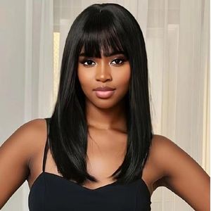 Fbk Long straight synthetic bangs medium long hair black wigs for women