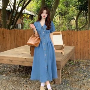 Women Long Sleeve Denim Dress Autumn Midi Jeans Dresses Solid Collor  Buttons Pullover Tunic Women Denim Shirts Dress 