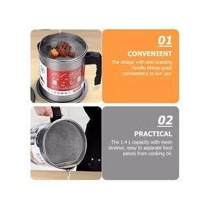 1.4L Stainless Steel Cooking Oil Filter Pot – Kitchen Grease Keeper Storage Canister with Removable Fine Mesh Sieve Strainer, Dust-Proof Lid, and Non-Slip Base Tray