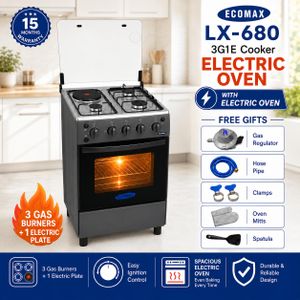 Ecomax LX-680 3 Gas Burners + 1 Electric Plate Cooker, Electric Oven, Auto Ignition Knobs, Free Gifts - Grey