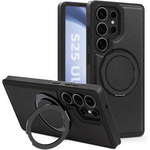 Black Case with Magnetic Ring Kickstand Compatible with MagSafe PU Leather Back Cover Case for Samsung Galaxy S25 Ultra