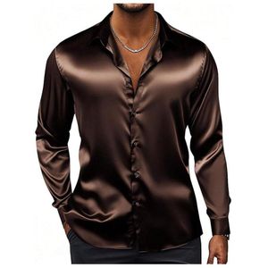 Men's Stylish Silk Button Down Shirt in Coffee
