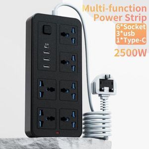  Strip with 6 AC Outlets, 3 USB Ports & 1 Type-C Port – 6FT Extension Cord, Surge Protection – Black Frosted-UK plog