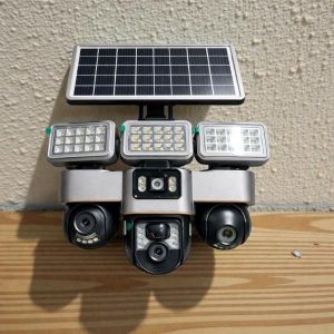 PIR Human Detection Security 12MP 4G PTZ Rotating Triple Lens Two In One V380 Pro 12MP 4G Sim card PTZ Rotating Three Triple Lens screens Outdoor Security Solar CCTV Camera with High Brightness Led Solar Flood Light