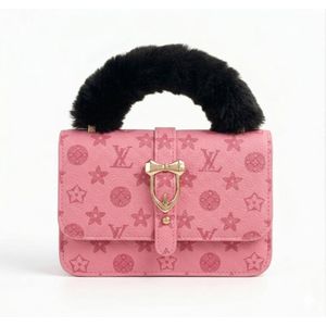 Lv Cross Body Louis Vuitton Luxe Petite Monogram Satchel – Aesthetic Mini Bag with Plush Faux-Fur Handle & Gold Bow Clasp